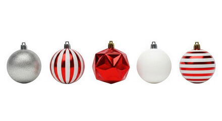 Five assorted christmas ornaments isolated on transparent background