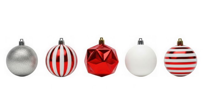 Five assorted christmas ornaments isolated on transparent background