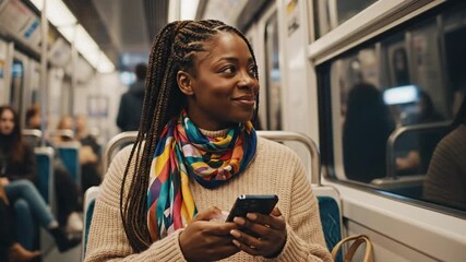 Woman using smartphone on train smiling female on public transportation mobile device and modern technology - Powered by Adobe