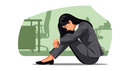 An adult Asian businesswoman is experiencing intense stress and burnout while at work, sitting on the floor in despair due to work overload.