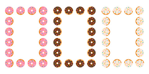 Vector frames made of colorful donuts, flat cartoon design, sweet dessert pattern for cafe, poster, packaging, and greeting card decoration.