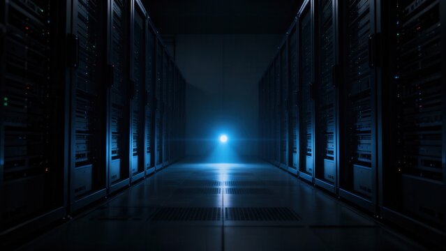 Dark, empty server room with a bright light at the end of the aisle