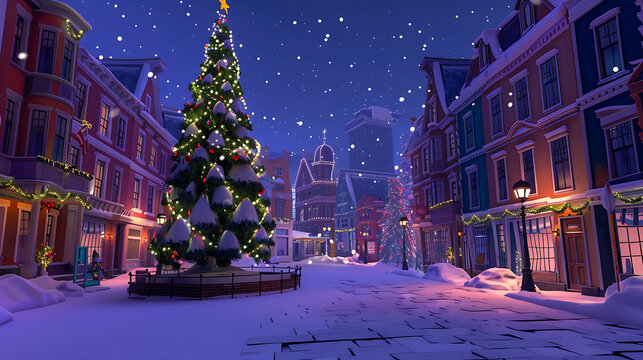 Winter wonderland celebration charming town square digital art snowy evening festive atmosphere