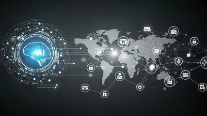 Global network of artificial intelligence and cybersecurity icons connected across a world map - Powered by Adobe