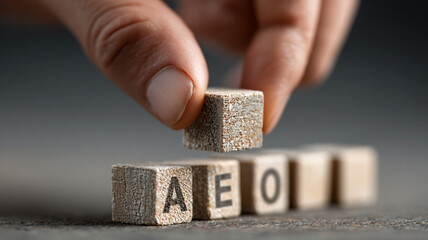 Wooden block letters E O arranged on surface with hand holding one block in focus for seo to aeo concept