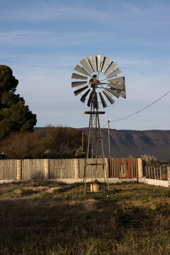 Windmill in the town of Calvinia to supply hpusehold needs making use of renewable energy to pump the water