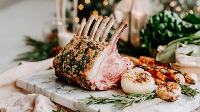 Roasted rack of lamb with herbs and vegetables on marble board festive gourmet dinner elegant holiday table setting