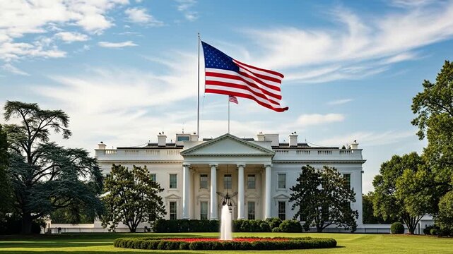 American flag waving proudly in front of the White House, symbol of freedom