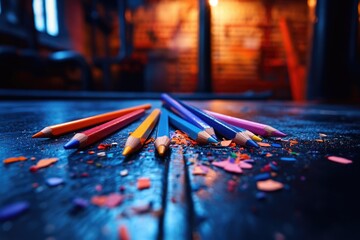 Obraz premium A close-up of sharpened colored pencils amidst colorful shavings, symbolizing creativity and art against a warm, blurred background.