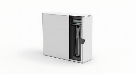 White sliding box with razor inside on white background packaging shaving