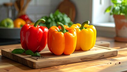 Assortment of vibrant bell peppers on a wooden cutting board