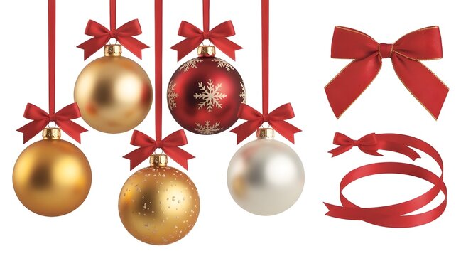 Festive christmas ornaments with red bows isolated on white background, creating a joyful and decorative holiday atmosphere for seasonal celebrations and greetings