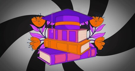 showing purple and orange hardcover books with graduation cap against spiral pattern, with flowers