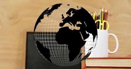 Wireframe globe floating over study desk with chalkboard, mug of colored pencils, scissors on books © vectorfusionart