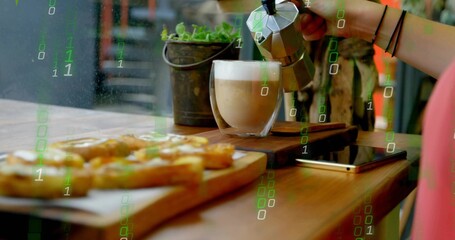 Woman pouring from espresso maker into mug on cafe table, with avocado toast, green binary overlay