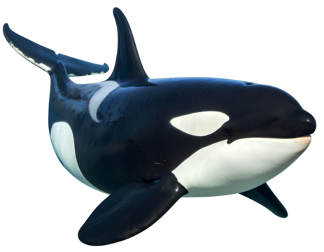 Majestic killer whale gliding gracefully with bold black-and-white markings, captured in a dynamic marine pose, isolated on a transparent background, PNG