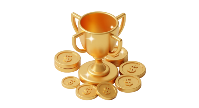 3d icon of golden trophy and dollar coins representing success, achievement, and financial reward isolated on transparent background