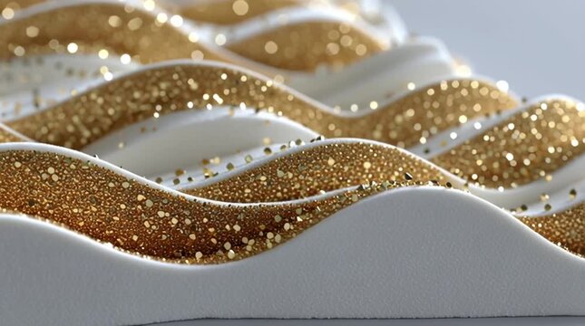 Glimmering golden waves dance under gentle light, creating a striking visual effect with a sparkling texture