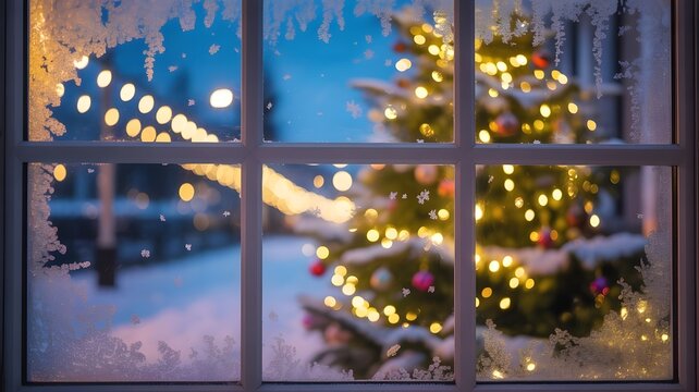 Festive christmas tree seen through a frosty window, creating a magical and enchanting holiday atmosphere with twinkling lights and snowcovered branches