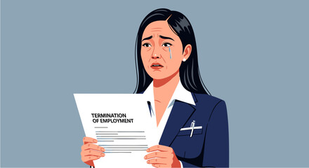 An adult Asian businesswoman experiences stress and burnout, shedding tears while holding a termination of employment document, reflecting workplace pressure.