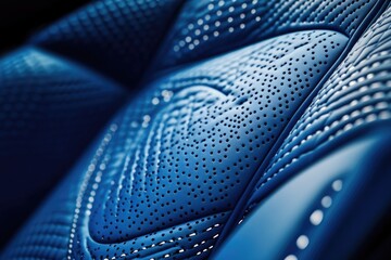 Obraz premium Close-up of luxurious deep blue perforated leather upholstery with intricate white stitching and an embossed pattern, suggesting a high-end automotive interior.
