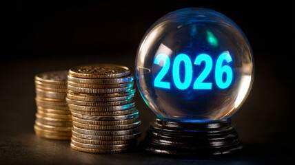 Crystal ball with glowing 2026 beside stacks of gold coins concept of financial forecast investment and future economy