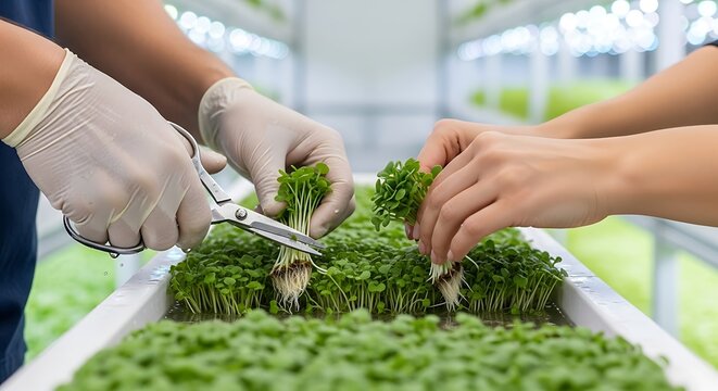 Harvesting Microgreens in a Vertical Farm.