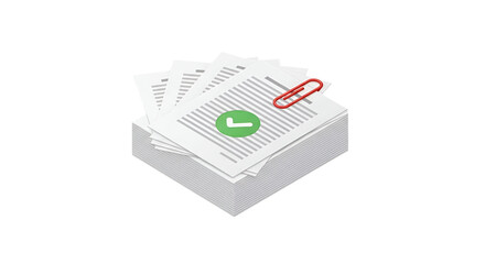 3d icon of isometric stack of paper documents with check mark and paper clip isolated on transparent background