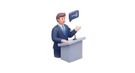 Obraz premium 3d icon of confident businessman giving a speech at a podium with a speech bubble isolated on transparent background