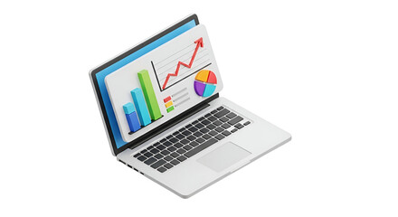 3d icon of laptop displaying business data charts and graphs isolated on transparent background