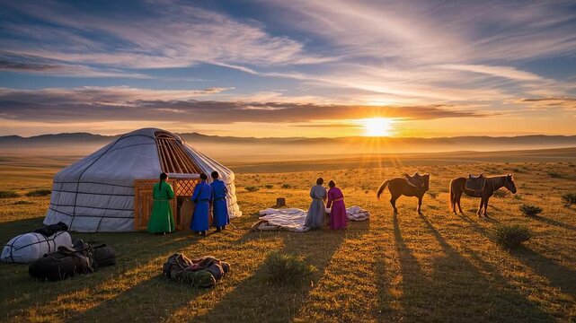 Mongolian Yurt at Sunrise - A Nomadic Life in the Golden Light.