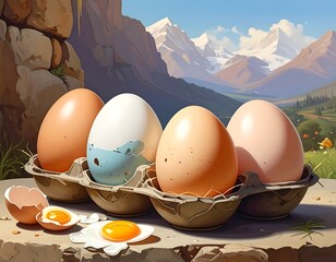 Artistic depiction of eggs in a carton with a fractured shell and fried eggs, mountain view