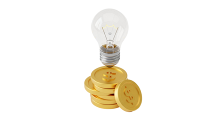 3d icon of light bulb on stack of coins isolated on transparent background, a symbol of idea and financial investment