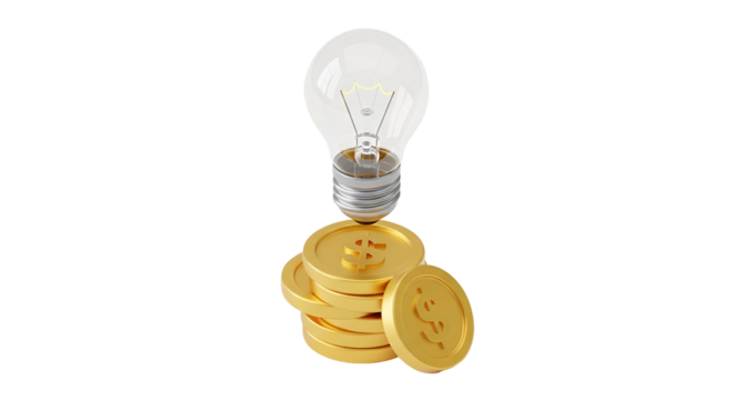 3d icon of light bulb on stack of coins isolated on transparent background, a symbol of idea and financial investment - Powered by Adobe