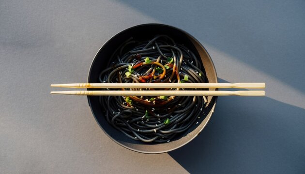 Delicious black noodles with fresh scallions and sesame seeds, enjoy this Asian cuisine, perfect for food blogs or restaurant menus, flat lay style