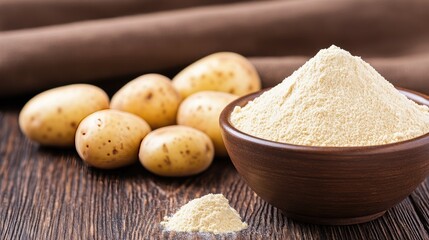 Fototapeta premium Potato flour bowl surrounded by fresh potatoes on a rustic wooden table