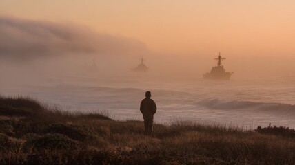 Fototapeta premium Person watching navy ships in foggy sea at sunrise, dramatic military scene with mist and warm golden light, cinematic seascape background