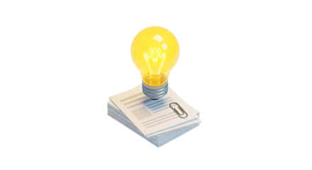 3d icon of isometric illustration of a lightbulb on documents isolated on transparent background, perfect for presentations and websites