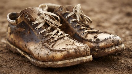 Pair of muddy boots on wet ground symbol of hard work outdoor adventure and rugged lifestyle concept