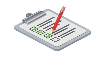 3d icon of isometric illustration of a checklist on clipboard isolated on transparent background, perfect for presentations and websites