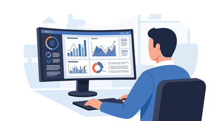 Analyst reviewing dashboard analytics with graphs and charts. Solid vector style, ideal for finance, analytics dashboards, fintech pitches