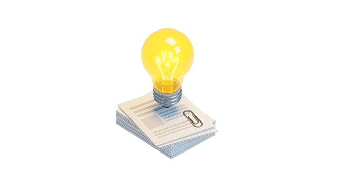 3d icon of isometric illustration of a lightbulb on documents isolated on transparent background, perfect for presentations and websites
