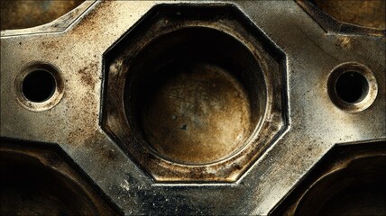 Close-up of metallic industrial surface with geometric pattern and rusty texture, abstract metal background with aged mechanical design
