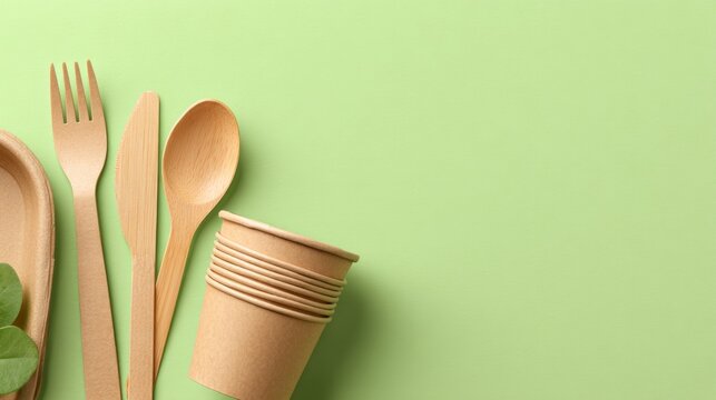 Discover the beauty of eco-conscious dining with this bamboo cutlery and paper utensils set arranged neatly on a green surface, perfect for picnics or events focused on sustainability