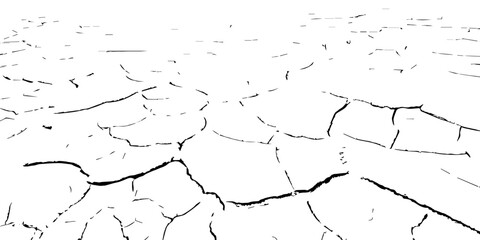 Black and white cracked dry earth texture background, drought soil surface pattern, environmental climate change concept, abstract broken ground detail illustration for nature design and editing use.