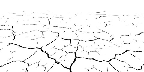 Black and white cracked dry earth texture background, drought soil surface pattern, environmental climate change concept, abstract broken ground detail illustration for nature design and editing use.