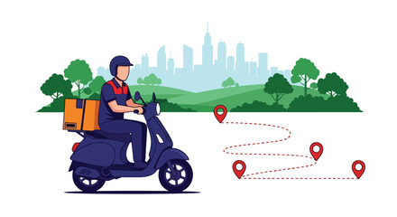 Courier delivering package on scooter with route line and location pin. Flat vector, ideal for delivery apps and logistics service promotions