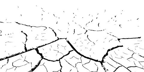 Black and white cracked dry earth texture background, drought soil surface pattern, environmental climate change concept, abstract broken ground detail illustration for nature design and editing use.