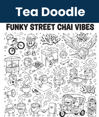 Funky Street Tea Stall Vibes Doodle &ndash; Playful Urban Tea Culture Art
