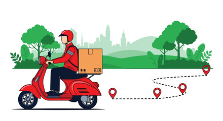 Courier delivering package on scooter with route line and location pin. Flat vector, ideal for delivery apps and logistics service promotions